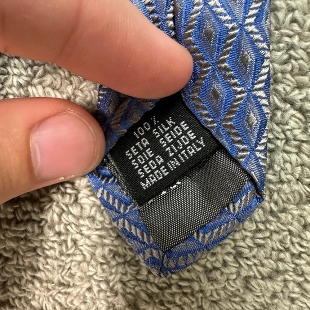 Giorgio Redaelli Italy Silk Tie Blue Grey Geometric Diamond Pattern Mens Necktie